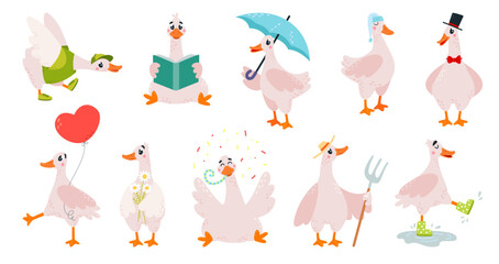 Cartoon geese. Adorable goose in different poses. Farm birds reading book, walking on puddles, sleeping. Funny children style stickers, classy vector set
