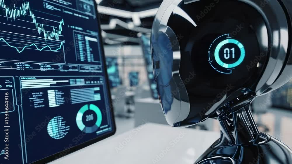 Poster chrome robot is sitting at a desk in a futuristic office working at a computer analyzing data on mul