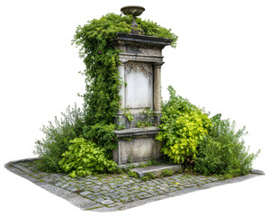 Ancient stone monument covered with green ivy and surrounded by lush bushes on cobblestone base, evoking peaceful and historic atmosphere in nature
