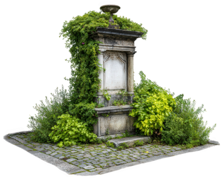 Ancient stone monument covered with green ivy and surrounded by lush bushes on cobblestone base, evoking peaceful and historic atmosphere in nature