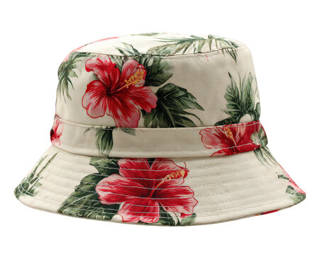 Floral bucket hat with red hibiscus flowers and green leaves on beige fabric, perfect for summer style and outdoor casual wear with tropical vibe