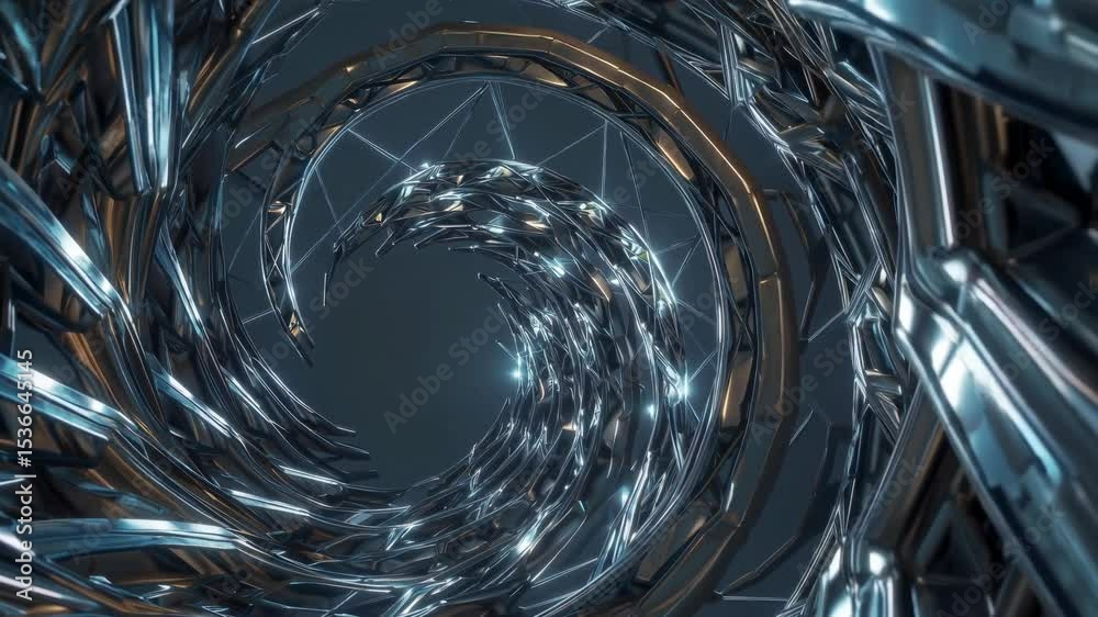 Poster abstract metallic structure forming a futuristic tunnel with glowing lights rotating in a dark space