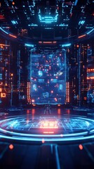 Futuristic technological environment with illuminated data screen