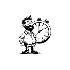 Cartoon Man with a Beard Standing Next to a Large Classic Stopwatch