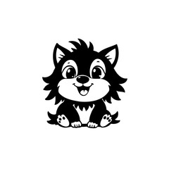 Adorable Cartoon Wolf Cub Illustration in Black and White Minimalist Style