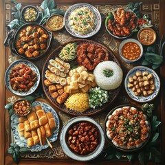 Colorful feast of diverse dishes, arranged on a large wooden table.  A variety of cuisines displayed in elaborate presentation