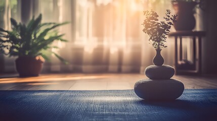 Serene Yoga Studio Interior with Stacked Stones and Plants
