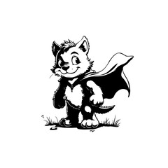 Cartoonish superhero cat standing smiling on a white background line art image