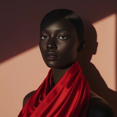 A black female model in red clothes on a background with a smooth gradient.