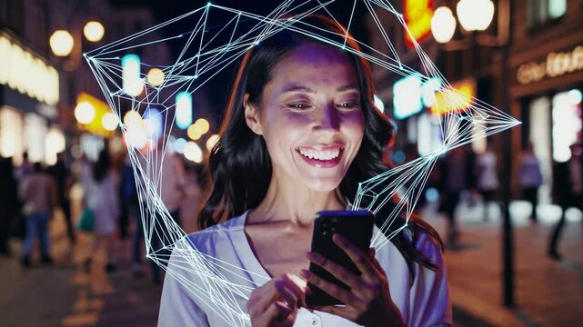 Smiling businesswoman engaging with a smartphone featuring a futuristic hologram while navigating a vibrant city street illuminated by night lights, embodying innovation and modern technology - Powered by Adobe