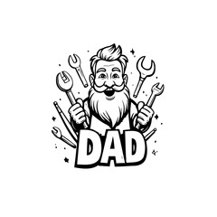 Cartoon illustration featuring a father figure surrounded by tools, celebrating fatherhood