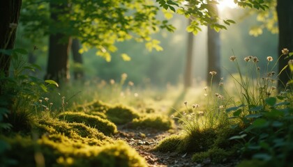 Fototapeta premium Serene forest path with wildflowers and moss in sunlight