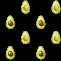 Simple seamless pattern with watercolor half an avocado on black background. Digital illustration. Digital paper.	