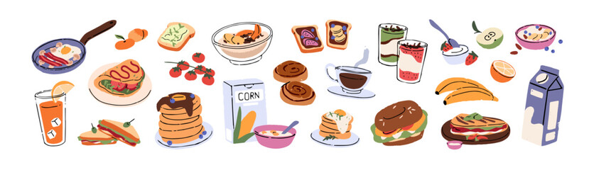 Set of healthy meals. Tasty dishes, food for breakfast- fried egg with bacon, pancakes, granola, omelette, fruit, cereal with milk, cup of coffee. Flat isolated vector illustration on white background