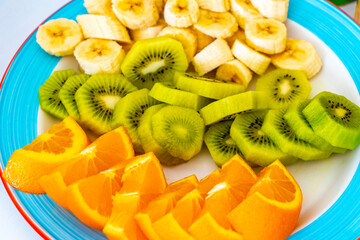 Sliced oranges kiwi and bananas on a plate in Austria.