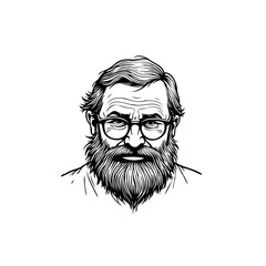 Detailed Black and White Line Art Portrait of a Man with Beard and Glasses