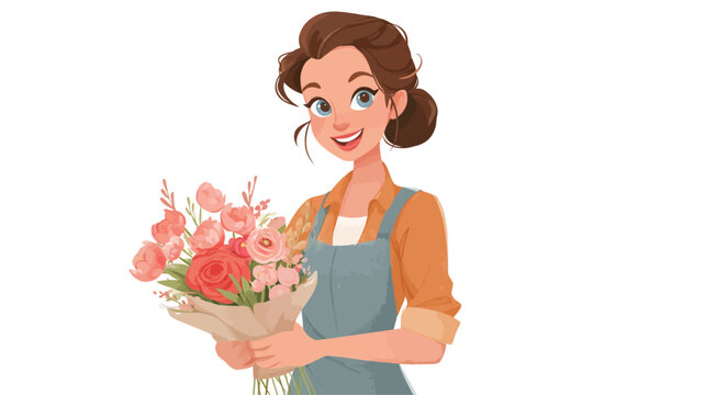A digital illustration depicts a smiling young woman with shoulder-length brown hair in a low bun, wearing an orange blouse and gray apron, holding a colorful bouquet of flowers wrapped in light