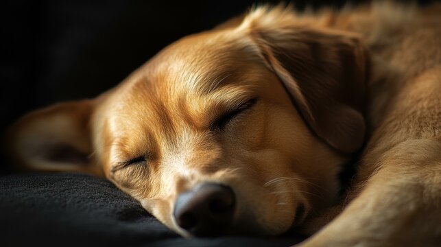 Sleeping dog on dark background, peaceful indoor setting