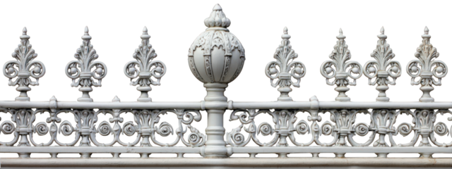 White decorative metal fence with intricate floral and scrollwork design, featuring central ornamental finial, isolated on transparency background with elegant craftsmanship