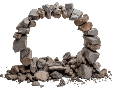 Crumbled stone archway with scattered rocks and rubble isolated on transparency background, showing rough texture and natural colors in circular formation