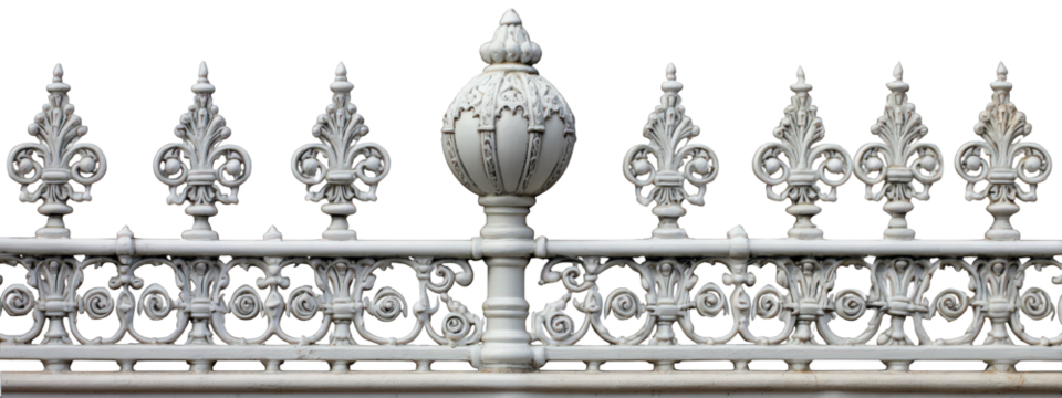 White decorative metal fence with intricate floral and scrollwork design, featuring central ornamental finial, isolated on transparency background with elegant craftsmanship