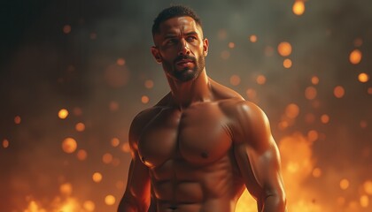 Determined Middle Eastern man posing against artificial fire background