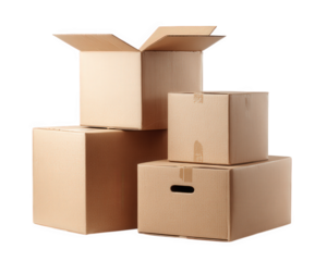 Stacked cardboard boxes with one open on top, isolated on transparency background, showing various sizes and taped closures for storage or moving purposes