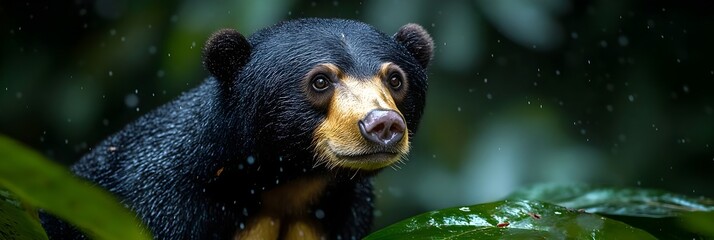Majestic Sun Bear Portrait in Rainforest Downpour Close Up Wildlife
