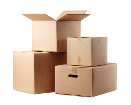 Stacked cardboard boxes with one open on top, isolated on transparency background, showing various sizes and taped closures for storage or moving purposes