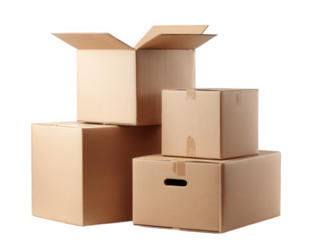 Stacked cardboard boxes with one open on top, isolated on transparency background, showing various sizes and taped closures for storage or moving purposes