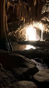 Dramatic lighting within a dark cave revealing water, rock formations, and pointed speleothems hanging from the cave ceiling.