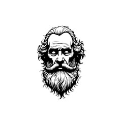 Detailed black and white drawing of a stern bearded man with expressive eyes