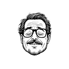 Expressive Man with Glasses: A Detailed Black and White Portrait Illustration
