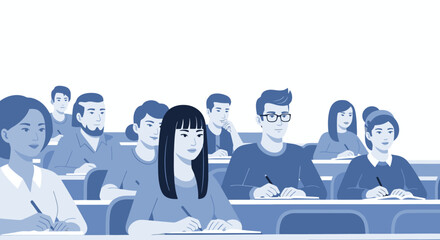 Flat Illustration of Diverse Students in a Classroom, Engaged in Learning and Note-Taking
