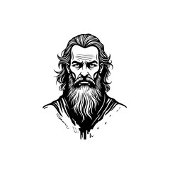 Detailed Line Art Portrait of a Stern Man with a Long Flowing Beard and Hair