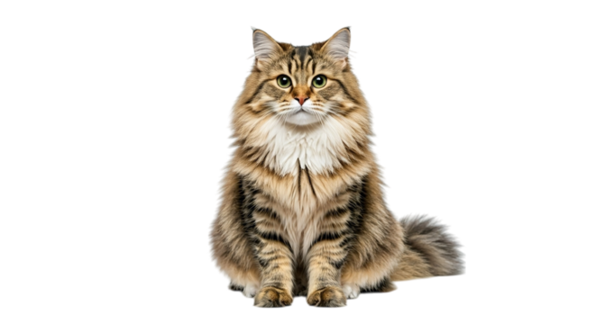 A fluffy brown tabby cat sitting upright and looking directly at the camera on a black background