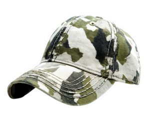 Camouflage baseball cap with green, black, and white pattern, featuring detailed stitching and curved brim, isolated transparent background for versatile use outdoor or military themed designs