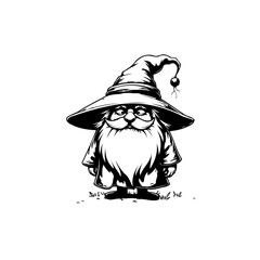 Charming Hand-Drawn Wizard Illustration: A whimsical depiction of a cute wizard in a hat