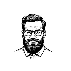 Stylized black and white portrait of a man with glasses and a beard smiling