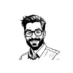 Black and White Portrait of a Smiling Man with Glasses and Beard Illustration