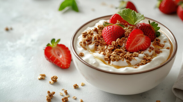 Fresh yogurt with granola and ripe strawberries in a bowl on light background. Healthy breakfast concept. Natural ingredients.