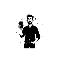 Charming bearded man capturing moments with his smartphone in expressive sketch