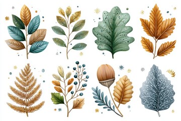 Autumn Leaves Watercolor Illustration Gold Teal Blue Glitter Sparkle