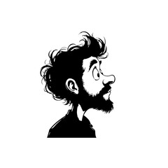 Cartoon illustration of a man with beard looking up in black and white style