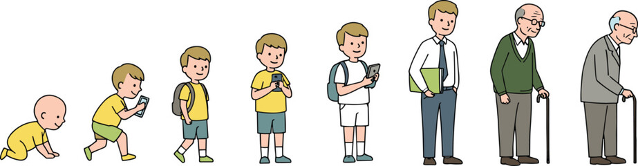 Male life stages from baby to elderly, aging process illustration, childhood to adulthood development, cartoon character evolution, timeline of human growth and life journey