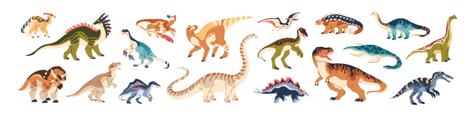 Set of dinosaur species. Animals of Jurassic era. Prehistoric reptiles, ancient beasts, dinos: Tyrannosaurus, Brachiosaurus, Pterodactyl, Stegosaurus. Flat isolated vector illustrations on white © Paper Trident
