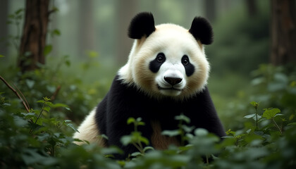 Obraz premium Giant Panda in Lush Green Forest – Wildlife and Conservation Concept