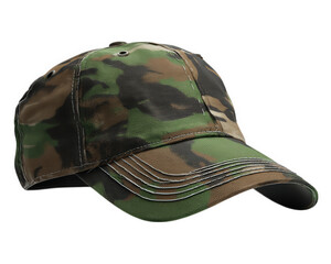 Fototapeta premium Camouflage baseball cap isolated on transparency background, featuring green and brown tones with stitched details and ventilation eyelets, perfect for outdoor or military style wear