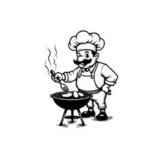 Cartoon chef preparing barbecue, black and white illustration food themed design
