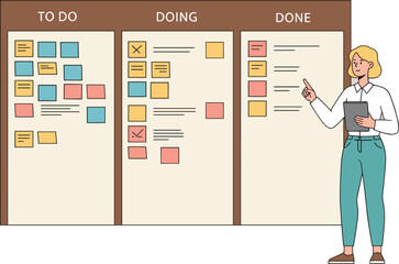 Kanban board with sticky notes, woman planning project, task organization, agile workflow, productivity system, project management concept, to-do list, doing, done column © Biplob Creatives